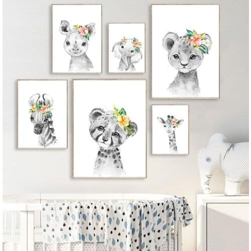Lovely Flowers Animal Cub Lion Small Elephant Decorative Canvas Painting For Living Room Decoration Wall Art Gallery Home Decor