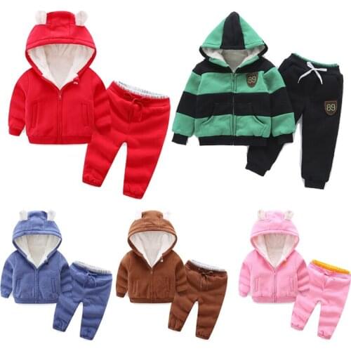 1-6 Years Boys Girls Clothing Set 2 Pcs Cotton Thick Warm Casual Hooded Sweater Outfits Fashion Print Infant Children Costume