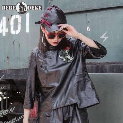 2020 Spring New 100% Real Leather Jacket Women Brand Casual Embroidered Printed Short Coat Vintage Streetwear Sheepskin Tops