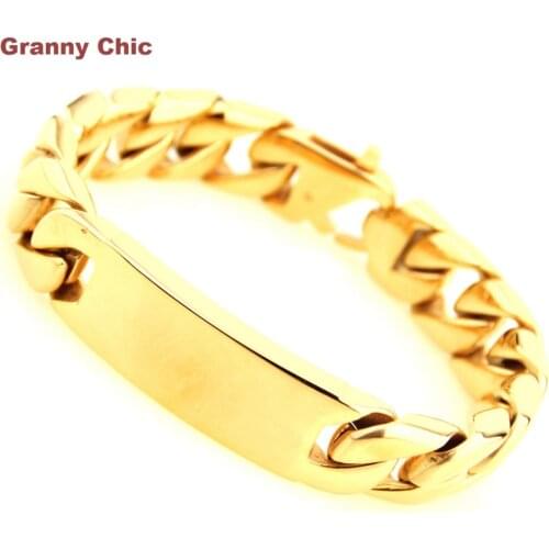 Granny Chic Mens Jewelry Punk Bling Silver/Gold Stainless Steel Curb Chain ID Bracelet Link Chain 16mm8.66"
