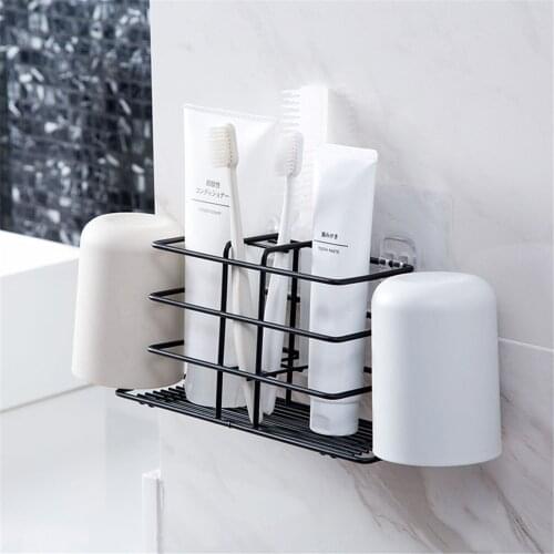 Nordic Bathroom Toothbrush Holder Couple Tooth Cup Metal Shelf Wall-mounted Free-perforation Home Hotel Washstand Organizer Rack