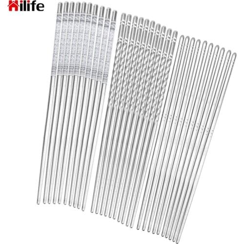 Non-Slip 5 Pair Reusable Blue and White Pattern Stainless Steel 201 Chopsticks Durable Tableware Hollow Anti-scald