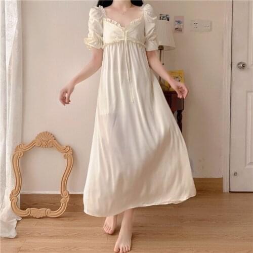Long Sleepwear Vintage Homewear Suit Lolita Nighty Patchwork Lace Sexy Women Nightgowns Elegant Ladies Ruffles Lingerie Beige