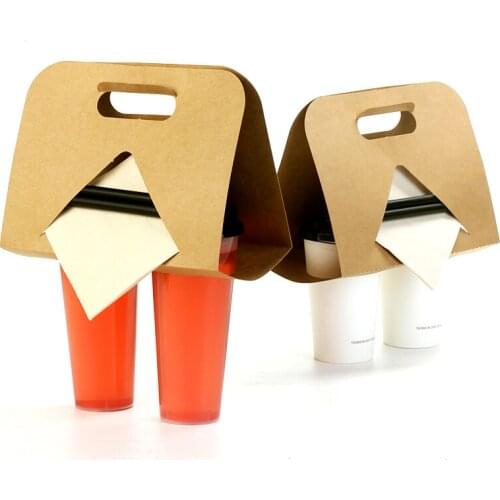 Hot Drinks Packaging Tray Disposable Takeout Kraft Paper Cup Holder Coffee Tea Mug Base Handle Holders Drinkware Stand Cup Tray