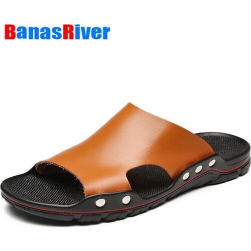 Casual Famous Brand 2021 Men Sandals Shoes Slippers Summer Flip Flops Beach Leather Sandalias Zapatos Hombre Outdoor Beach Rivet