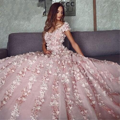 Dubai Pink 3D Flower Quinceanera Dresses 2021 Custom Chic Turkish Islamic Aibye V Neck Prom Birthday Gowns Saudi Arabia