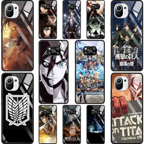 Phone Glass Case For Mi Poco X3 NFC 10T 9T Note 10 11 Pro Lite Ultra 11i F3 Transparent Fitted Fundas Attack On Titan
