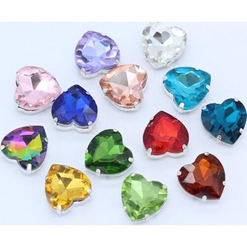 All size Heart 24-color glass stone Flatback sew on crystal diamante rhinestone jewels silver plated button for clothes design