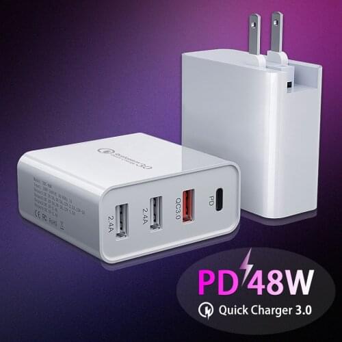 48W Multi USB Fast Charger USB Type C PD Charger Quick Charge 3.0 Charging Station For iPhone Huawei Samsung US EU Plug Adapter