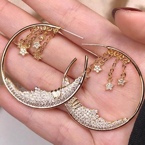 Fashion Elegant Moon And Star Hoop Earrings For Women Gift Dropshipping With Box High Quality Cubic Zirconia Earring With Tassel
