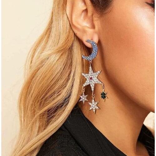 2019 Fashion Birthday Gift Shiny Crystal Star Moon Earrings Women Hip hop Earring Jewelry Best Gift for Friend Girl