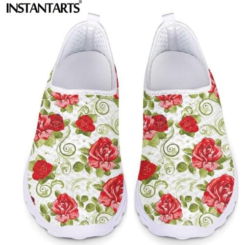 INSTANTARTS Pretty Rose Flower Printing Women Mesh Sneakers Breathable Air Flat Shoes Comfortable Slip-on Loafers for Girls 2021