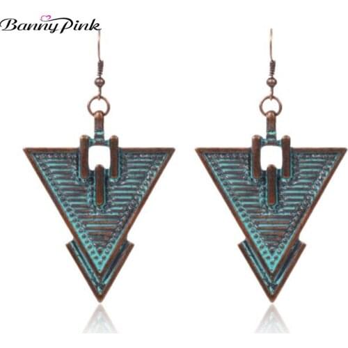 Banny Pink Vintage Tribal Geometrical Pendant Earrings For Women Ethnic Patina Triangle Dangle Earrings Big Alloy Drop Earrings