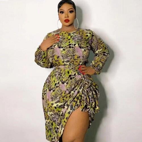 4XL Plus Size Women Dress Full Sleeve Drawstring Irregular High Waist Fashion Elegant Leopard Print Party Dress Vestido 2021 New