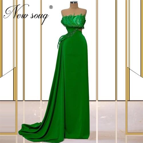 Green Dubai Feathers Beading Evening Dresses Robe De Soiree Formal Long Prom Dress Middle East Party Night 2021 Robe De Soiree