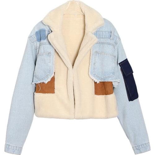 2021 Winter Fashion Patchowrk Lambswool Denim Jacket For Women Lapel Long Sleeve Casual Coat Female