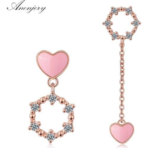 ANENJERY 925 Sterling Silver Pink Love Heart Asymmetrical Earrings Geometric Zircon Long Tassel Earrings oorbellen S-E783