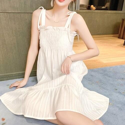 Beige Sweet Ruffles Cotton Nightdress Ladies Cute Bow Trim Long Nightgown Sexy Spaghetti Strap Home Dress Solid Sleepwear M-XXL