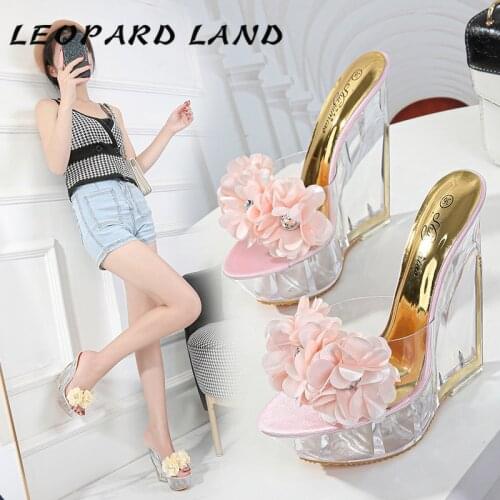 LEOPARD LAND Flower Thick Bottom Super High Heels Sandals Transparent Special Crystal Shoes Waterproof Platform Slope Heels LFD