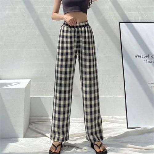 Spring Summer Women Casual Wide Leg Plaid Pants Loose High Waist Slim Straight Harem Trousers Sportswear Sweatpants