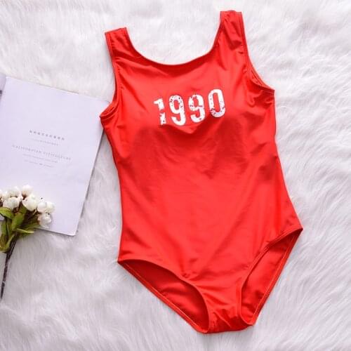 "1990" Print Summer Sexy Red One Pieces Swimwear Women Sport Letter Swimsuit Hot Girls Beach Wear Student Pool Bathing Suit