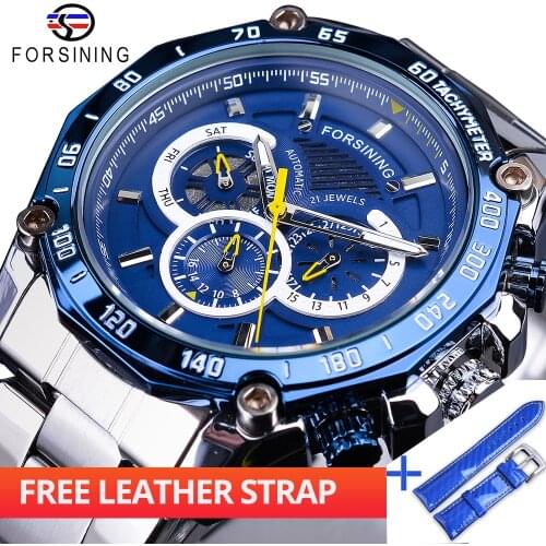 Forsining Watch + Band Set Combination Blue Complete Calendar 3 Sub Dial Silver Stainless Steel Automatic Men Mechanical Watches