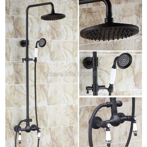 Black Oil Rubbed Brass Bathroom Rainfall Shower Faucet Set with Ceramic Handheld Shower +Wall Mount Dual Handle Mixer Tap Wrs514