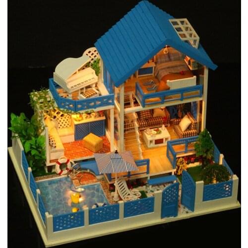 DIY Wooden Dollhouse Miniature with Furniture Piano Blue Ocean Casa Doll House Assembled Cottage Toys for Adults Girls Gifts