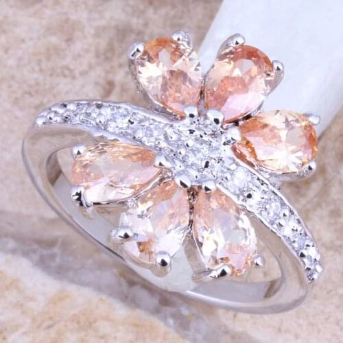 Precious Champagne Morganite White CZ Silver Plated Womens Ring Size 6 / 7 / 8 / 9 R1408
