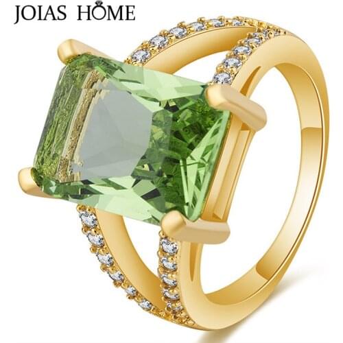 JoiasHome classic 925 sterling silver ring simple gold with grass green gem square female ring wedding party wholesale gift