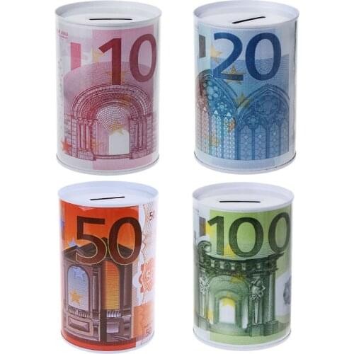 Creative Euro Dollar Metal Cylinder Piggy Bank Saving Money Box Home Decoration D08D