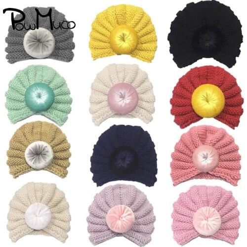 Powmuco 16*14 CM Fashion Handmade Knitted Wool Infant Caps Solid Color Donut Baby Girls Hats Children Turban Kids Accessories