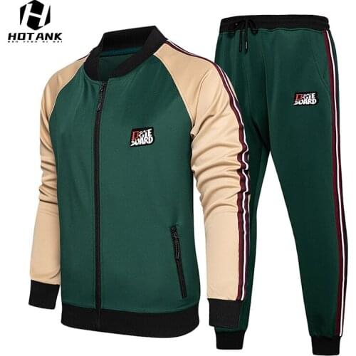 2021 Autumn New 2 Piece Sportswear Men Fashion Color Matching Stand Collar Cardigan + Sports Pants Men Casual Tracksuit