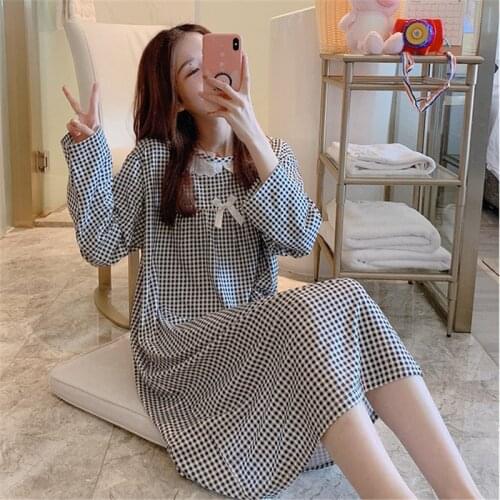 Nightgown home service spring and autumn new Korean nightdress loose long sleeve sweet summer plaid bathrobe pijama