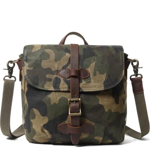 New mens trendy messenger shoulder bag oil wax camo canvas with leather leisure travel small bags