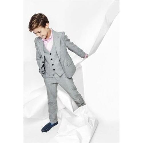 New Arrival Hot Light Gray Notch Lapel Kid Suits Fashion Two Buttons Custome Homme Blazer 3 Pieces(Jacket+Pants+Vest+Tie)