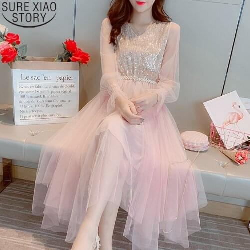 2021 Autumn Mesh Dress with Belt Sequins and Pearl Dresses Women Pink V-neck Elastic High Waist Flare Long Sleeve Vestidos 12025