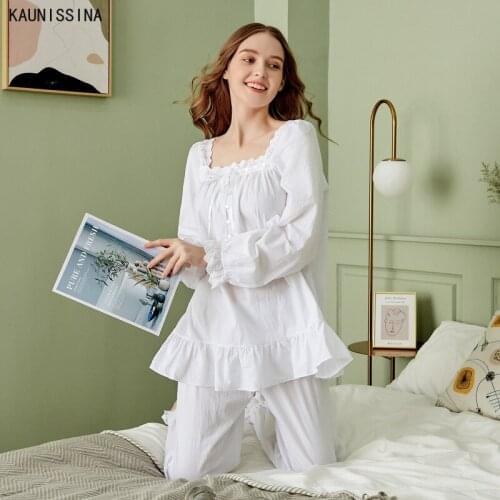 100% Cotton Pajamas for Women Long Sleeve Square Collar Pijama Spring Autumn Sleepwear Set Female White Pyjamas Loungewear
