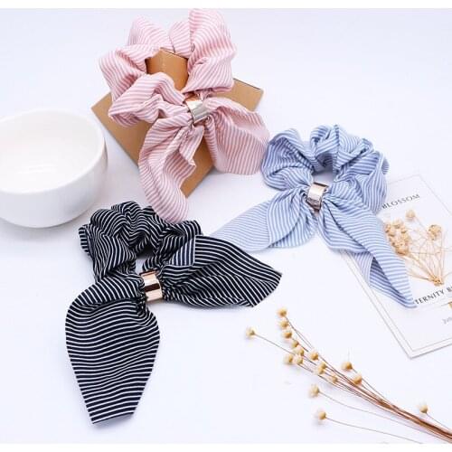 Women Vintage Striped Bow Plaid Scrunchie For Girls Ponytail Holder Elastic Hair Bands Ties Rubber Headwear Hair Accessories