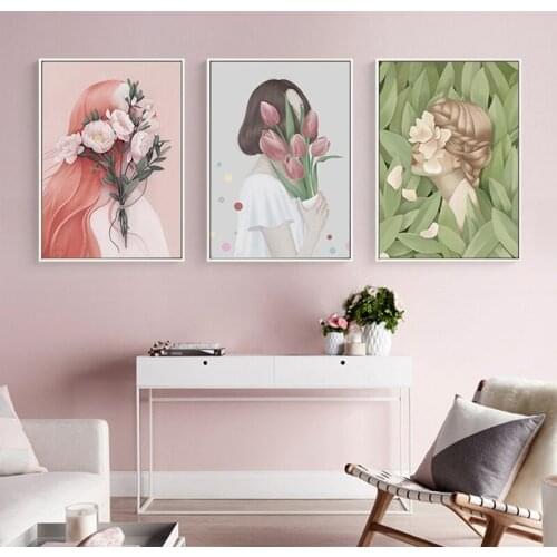 Pink Flower Girl Art Posters And Prints Wall Pictures For Living Room Modular Canvas Painting Nordic Style Home Decoration