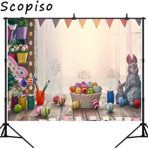 Scopiso Easter Backdrop Painted Eggs Interior Room Decor Photography Background Rabbits Wooden Floor Photo Studio Prop