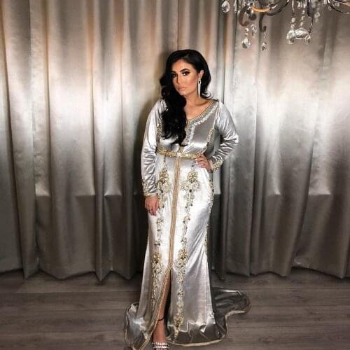 Silver Moroccan Kaftan Muslim Evening Dress Vintage Long Sleeve Appliques Saudi Arabic Algerian Formal Prom Gown Custom Made