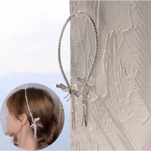 Bridal Rhinestone Bow Tassel Headband for Women Alloy Fake Earrings Headband Crystal Hair Chain Headpiece Wedding Jewelry