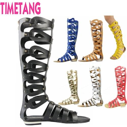 TIMETANG Summer New Retro Cut-Outs Rivets Knee High Casual Gladiator Sandal Boots Flat Heel Women Sandalias Mujer Size 4-12