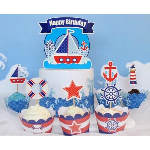 Anchor Cake Topper Sailing Boat Rudder Boys Kids Happy Birthday Wedding Decoration Blue Cupcake Decor Party Baking Supplies DIY