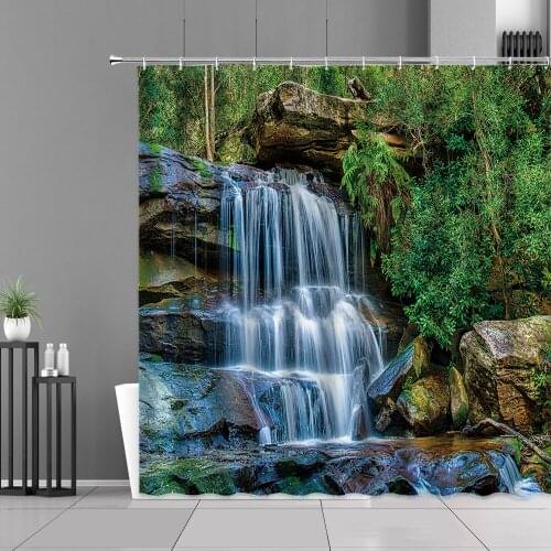 Waterfall Forest Landscape Shower Curtains Green Natural Scenery Bath Curtain Waterproof Home Bathroom Decor Screen With Hooks