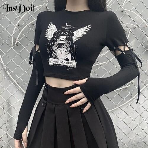 InsDoit Mall Goth Print Black T Shirt Women Streetwear Punk Aesthetic Bandage Patchwork Sleeve T-shirt Harajuku Autumn Crop Top