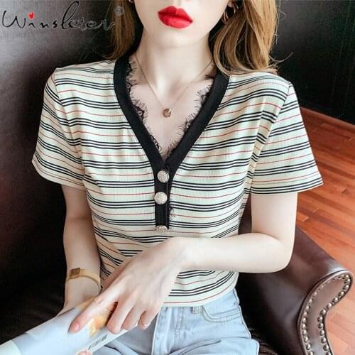 Summer 2021 T-shirt Women Striped V-neck Eyelash Lace Patchwork Buttons Casual Tops Tees Short Sleeve New T16707A