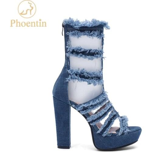 Phoentin mid calf denim booty shorts for plus size summer boots 2019 peep toe platform women shoes with back zip closure FT687