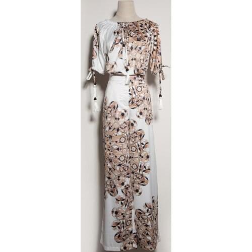 Fashion Women Runway 2021 High Quality Ol Half Sleeve Floral Print Tassel Elastic Shoulder Blouse+Loose Pants Sets